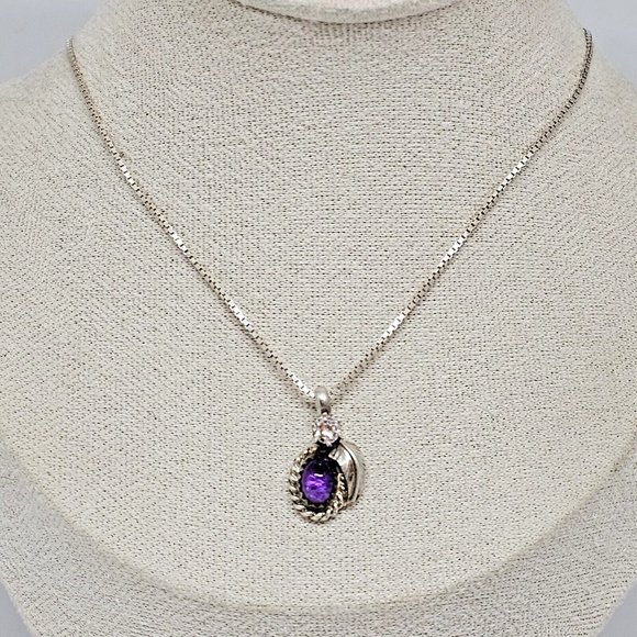 BB 925 Sterling Silver - Amethyst & Cubic Zirconia Pendant Chain Chain Necklace - Picture 1 of 12